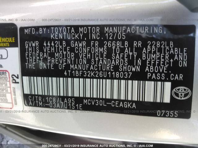 4T1BF32K26U118037 - 2006 TOYOTA CAMRY LE/XLE/SE SILVER photo 9