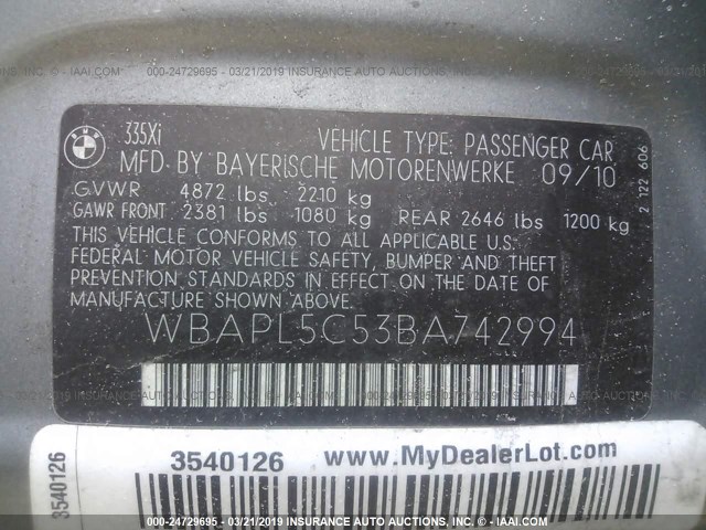 WBAPL5C53BA742994 - 2011 BMW 335 XI GRAY photo 9