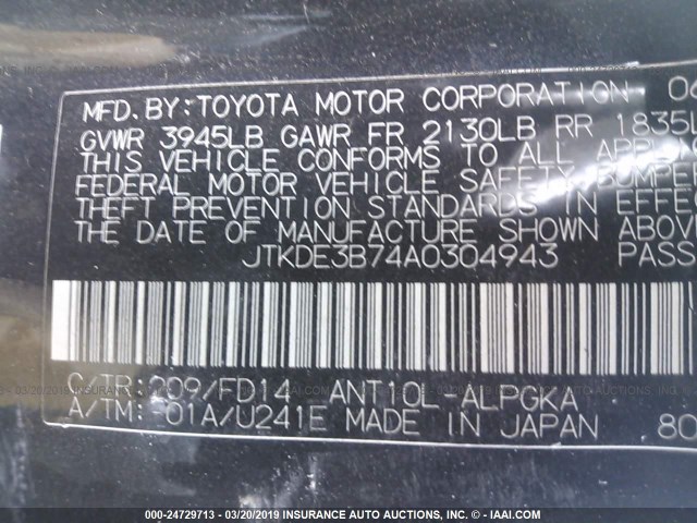 JTKDE3B74A0304943 - 2010 TOYOTA SCION TC BLACK photo 9