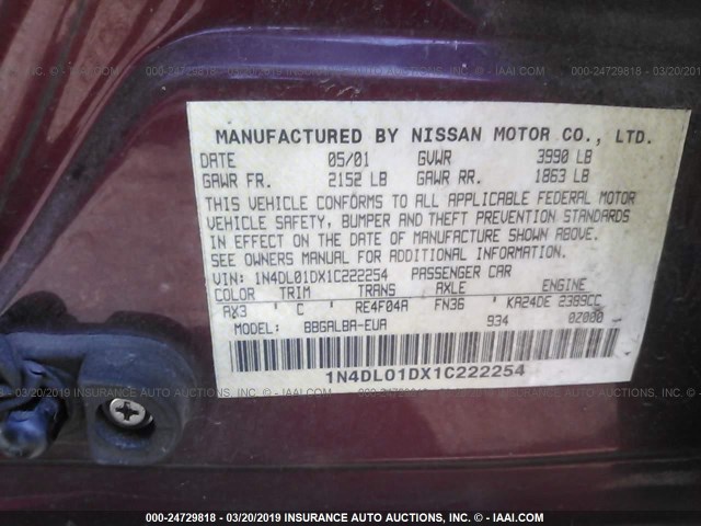 1N4DL01DX1C222254 - 2001 NISSAN ALTIMA XE/GXE/SE RED photo 9