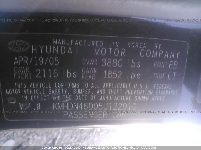 KMHDN46D05U122910 - 2005 HYUNDAI ELANTRA GLS/GT BLACK photo 9