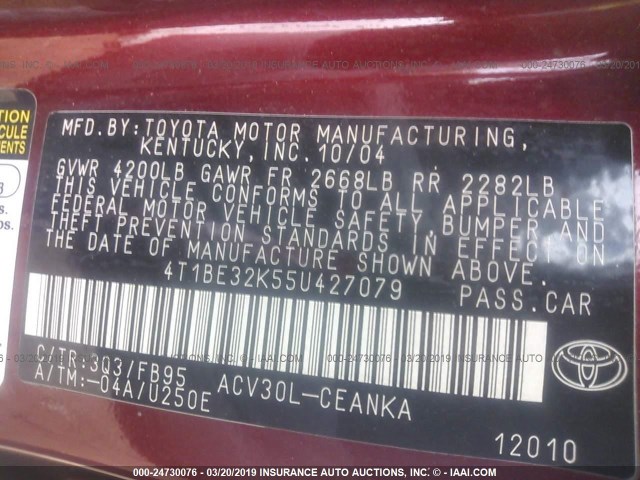 4T1BE32K55U427079 - 2005 TOYOTA CAMRY LE/XLE/SE RED photo 9