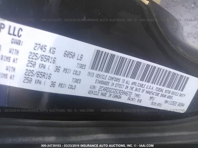 2C4RDGCG5CR204672 - 2012 DODGE GRAND CARAVAN SXT BLACK photo 9