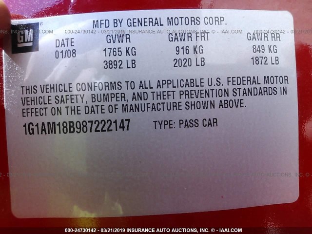 1G1AM18B987222147 - 2008 CHEVROLET COBALT SPORT RED photo 9