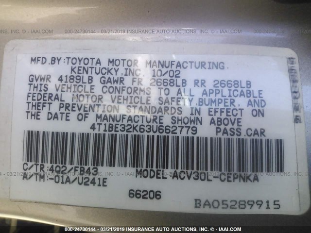 4T1BE32K63U662779 - 2003 TOYOTA CAMRY LE/XLE/SE Champagne photo 9