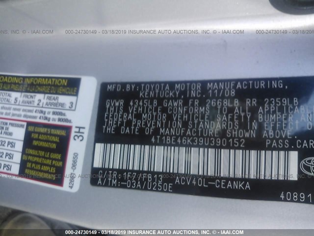 4T1BE46K39U390152 - 2009 TOYOTA CAMRY SE/LE/XLE SILVER photo 9