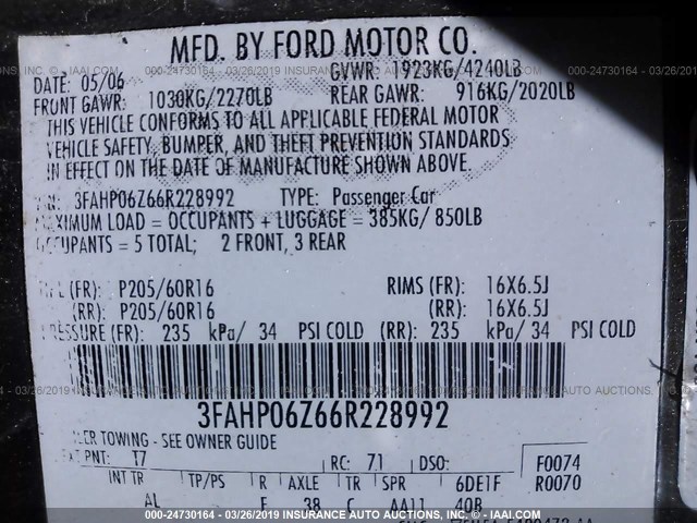 3FAHP06Z66R228992 - 2006 FORD FUSION S GRAY photo 9