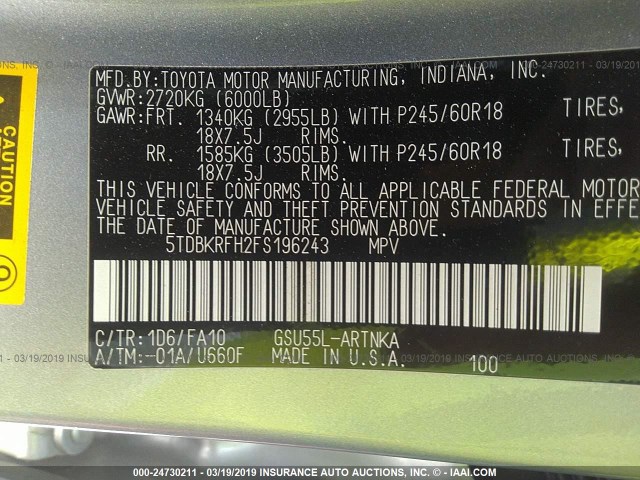 5TDBKRFH2FS196243 - 2015 TOYOTA HIGHLANDER LE/LE PLUS SILVER photo 9