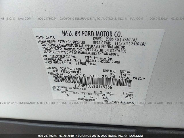 1FAHP2E82FG175266 - 2015 FORD TAURUS SEL WHITE photo 9