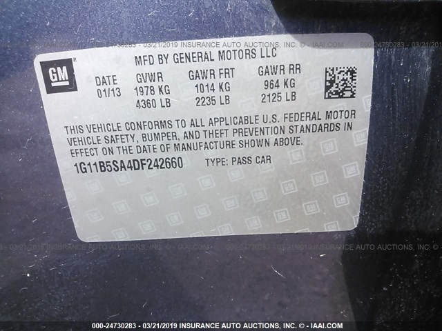 1G11B5SA4DF242660 - 2013 CHEVROLET MALIBU LS BLUE photo 9