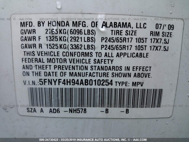 5FNYF4H94AB010254 - 2010 HONDA PILOT TOURING WHITE photo 9