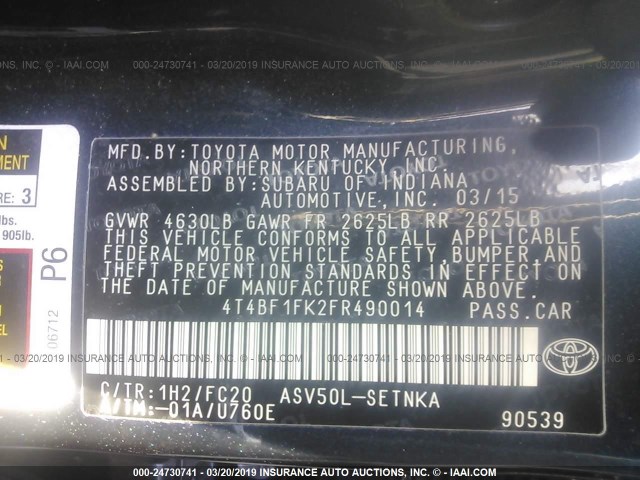 4T4BF1FK2FR490014 - 2015 TOYOTA CAMRY LE/XLE/SE/XSE BLACK photo 9