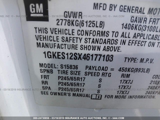 1GKES12SX46177103 - 2004 GMC ENVOY XUV WHITE photo 9