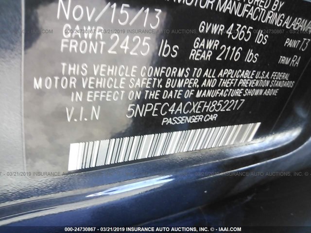 5NPEC4ACXEH852217 - 2014 HYUNDAI SONATA SE/LIMITED BLACK photo 9