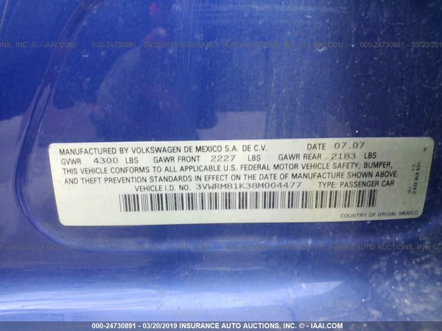 3VWRM81K38M004477 - 2008 VOLKSWAGEN JETTA SE/SEL BLUE photo 9