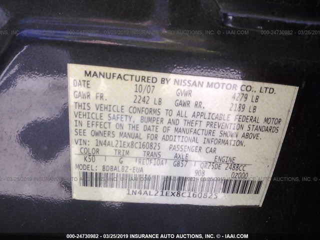 1N4AL21EX8C160825 - 2008 NISSAN ALTIMA 2.5/2.5S GRAY photo 9