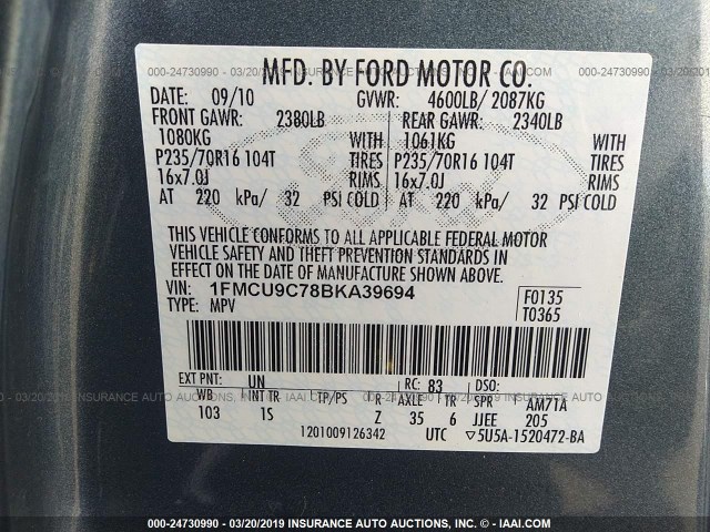 1FMCU9C78BKA39694 - 2011 FORD ESCAPE XLS Light Blue photo 9