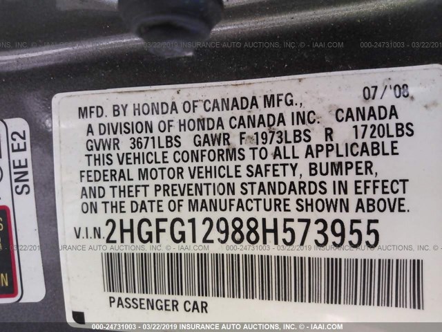 2HGFG12988H573955 - 2008 HONDA CIVIC EXL GRAY photo 9