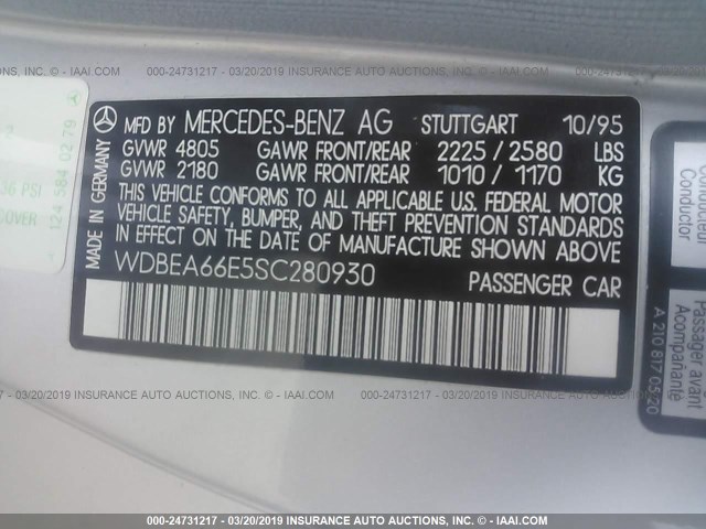 WDBEA66E5SC280930 - 1995 MERCEDES-BENZ E 320 SILVER photo 9