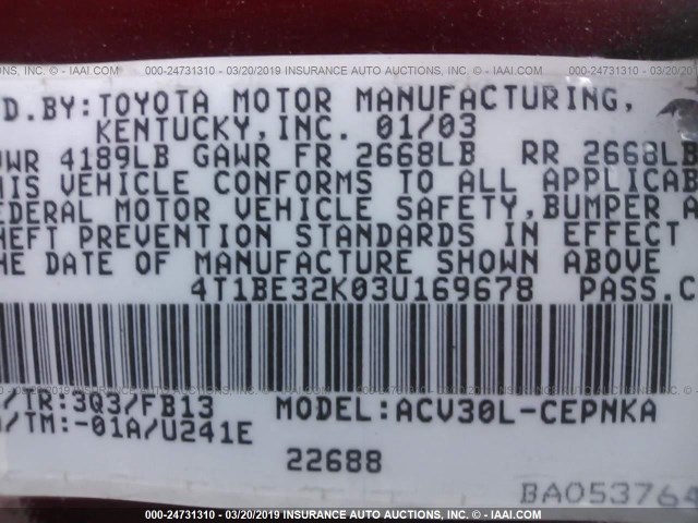 4T1BE32K03U169678 - 2003 TOYOTA CAMRY LE/XLE/SE RED photo 9