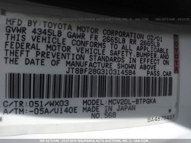 JT8BF28G310314584 - 2001 LEXUS ES 300 WHITE photo 9