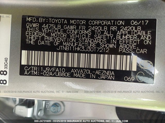 JTNB11HK3J3017212 - 2018 TOYOTA CAMRY L/LE/XLE/SE/XSE SILVER photo 9