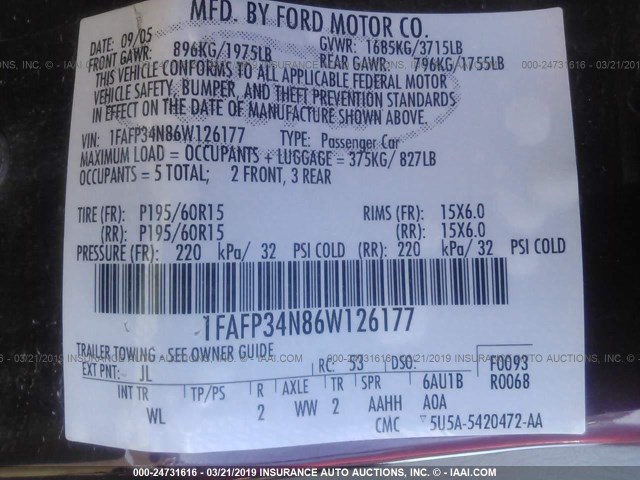 1FAFP34N86W126177 - 2006 FORD FOCUS ZX4 BURGUNDY photo 9