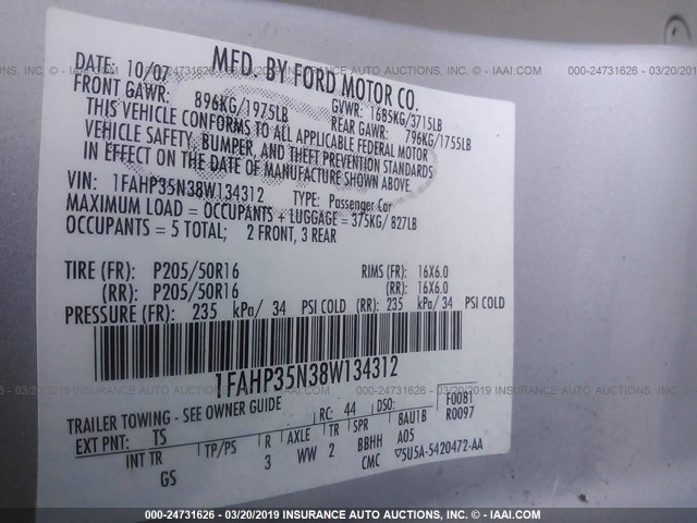 1FAHP35N38W134312 - 2008 FORD FOCUS SE/SEL/SES SILVER photo 9