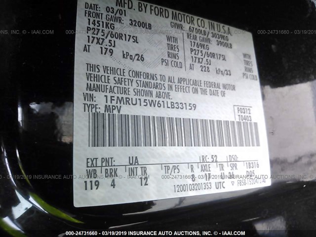 1FMRU15W61LB33159 - 2001 FORD EXPEDITION XLT BLACK photo 9