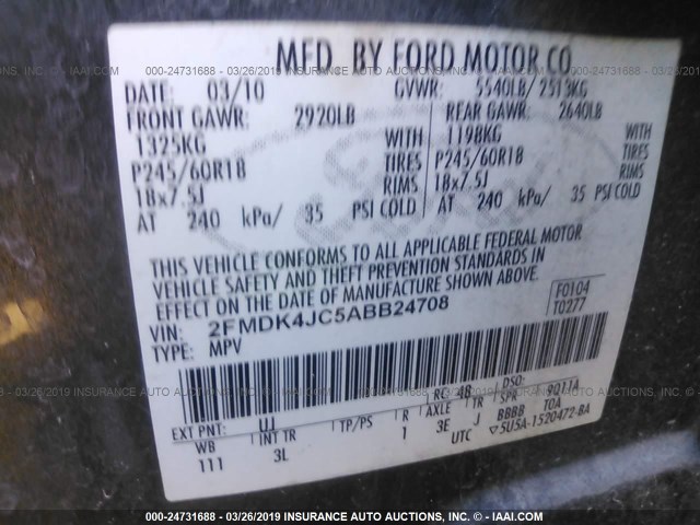 2FMDK4JC5ABB24708 - 2010 FORD EDGE SEL GRAY photo 9