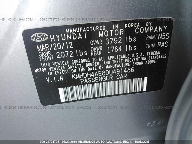 KMHDH4AE8DU491486 - 2013 HYUNDAI ELANTRA GLS/LIMITED GRAY photo 9