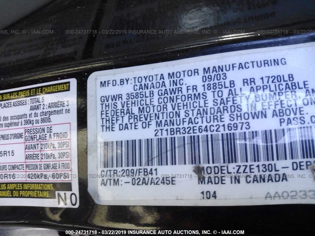 2T1BR32E64C216973 - 2004 TOYOTA COROLLA CE/LE/S BLACK photo 9