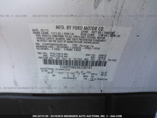 1FAHP2H8XDG230183 - 2013 FORD TAURUS SEL WHITE photo 9