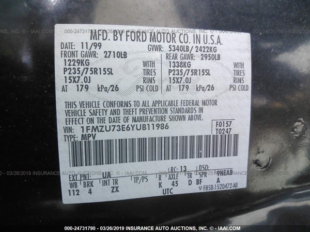 1FMZU73E6YUB11986 - 2000 FORD EXPLORER XLT BLACK photo 9