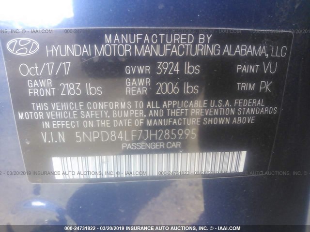 5NPD84LF7JH285995 - 2018 HYUNDAI ELANTRA SEL/VALUE/LIMITED BLUE photo 9