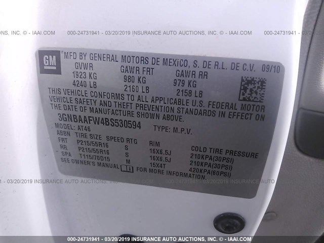 3GNBAAFW4BS530594 - 2011 CHEVROLET HHR LS Blanco foto 9