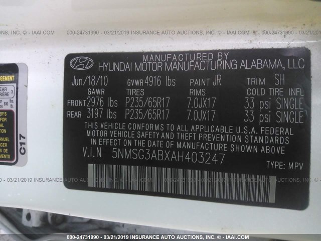 5NMSG3ABXAH403247 - 2010 HYUNDAI SANTA FE GLS WHITE photo 9