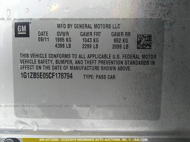 1G1ZB5E05CF178794 - 2012 CHEVROLET MALIBU LS ვერცხლისფერი ფოტო 9