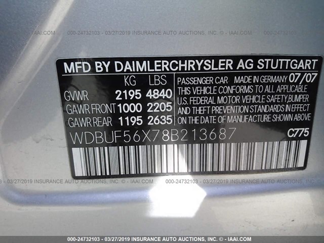 WDBUF56X78B213687 - 2008 MERCEDES-BENZ E 350 SILVER photo 9