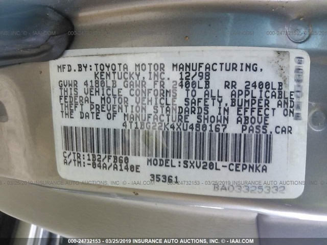 4T1BG22K4XU480167 - 1999 TOYOTA CAMRY CE/LE/XLE 灰色 照片 9