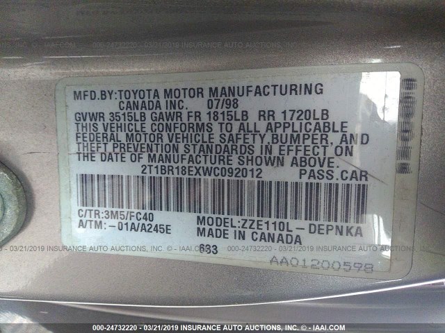 2T1BR18EXWC092012 - 1998 TOYOTA COROLLA VE/CE/LE 棕色 照片 9