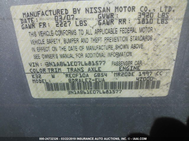 3N1AB61E07L681577 - 2007 NISSAN SENTRA 2.0/2.0S/2.0SL GRAY photo 9