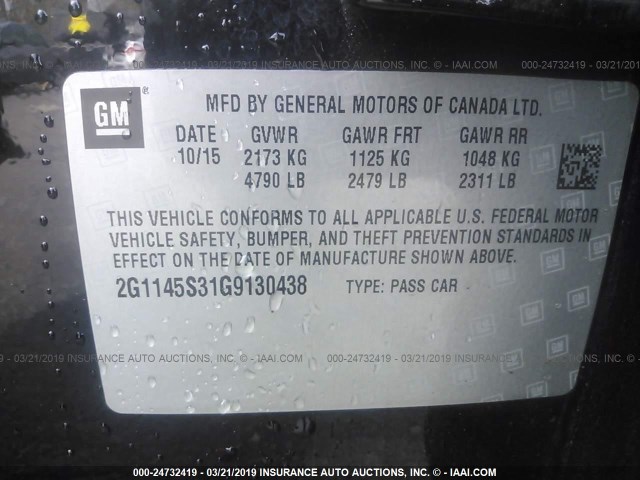 2G1145S31G9130438 - 2016 CHEVROLET IMPALA LTZ BLACK photo 9