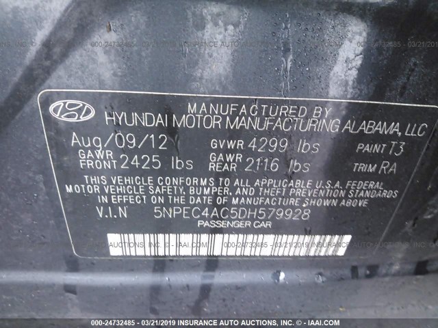 5NPEC4AC5DH579928 - 2013 HYUNDAI SONATA SE/LIMITED BLACK photo 9