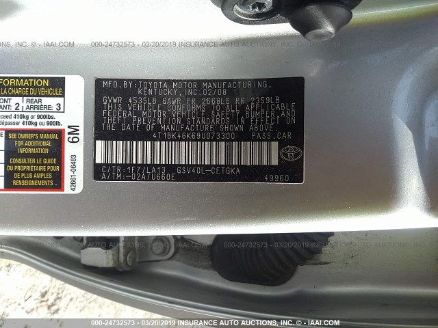 4T1BK46K69U073300 - 2009 TOYOTA CAMRY SE/LE/XLE SILVER photo 9