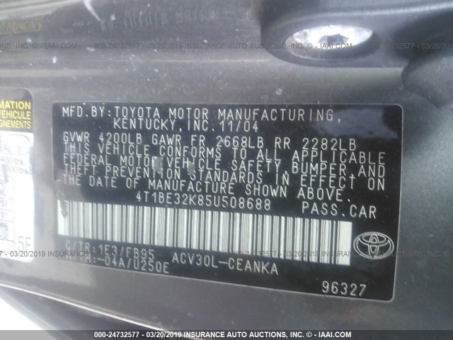 4T1BE32K85U508688 - 2005 TOYOTA CAMRY LE/XLE/SE GRAY photo 9