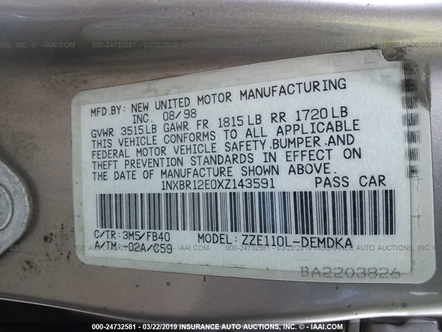 1NXBR12E0XZ143591 - 1999 TOYOTA COROLLA VE/CE/LE 棕色 照片 9