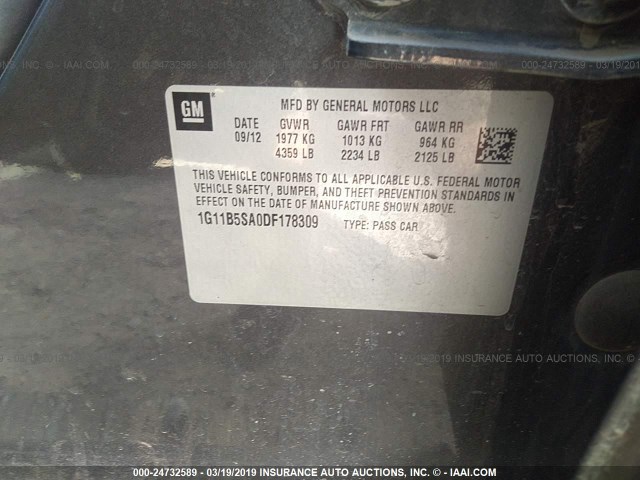 1G11B5SA0DF178309 - 2013 CHEVROLET MALIBU LS GRAY photo 9