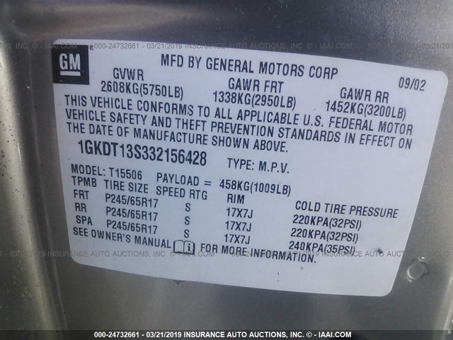 1GKDT13S332156428 - 2003 GMC ENVOY SILVER photo 9