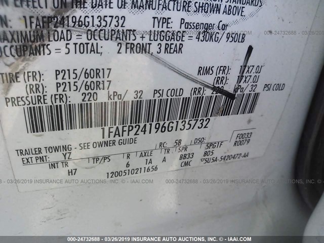 1FAFP24196G135732 - 2006 FORD FIVE HUNDRED SEL WHITE photo 9